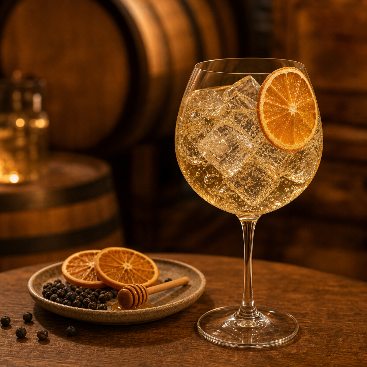 Barr Hill Reserve Tom Cat Gin servi avec Fever-Tree Aromatic Tonic Water, agrémenté de dehydrated orange wheel
