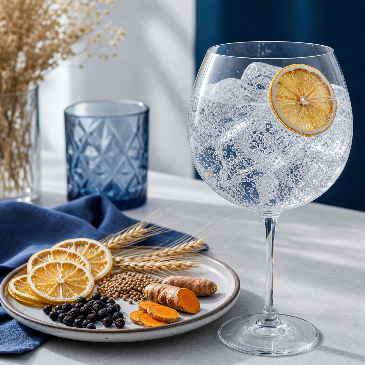 Reisetbauer Blue Gin Vintage served with Fever-Tree Mediterranean Tonic Water, garnished with dehydrated lemon wheel