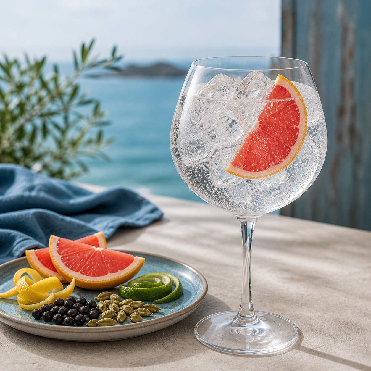 Salcombe Gin Start Point served with Fever-Tree Indian Tonic Water, garnished with Fresh red grapefruit slice