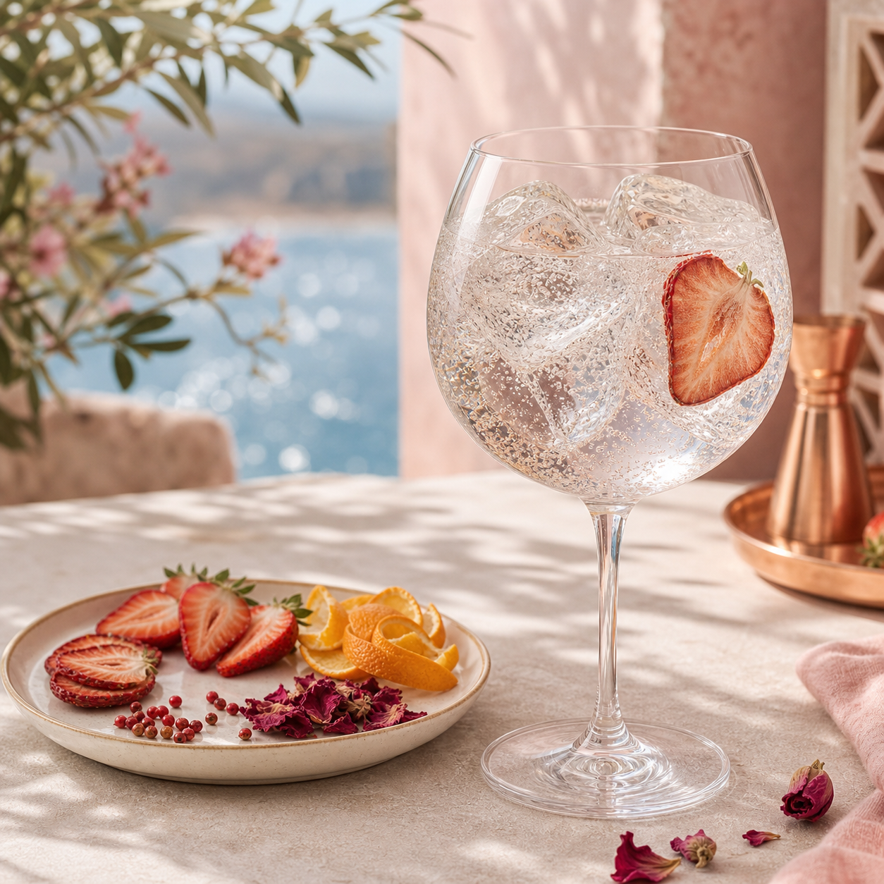 Salcombe Gin Rose Sainte Marie served with Fever-Tree Elderflower Tonic Water, garnished with dehydrated strawberry slice