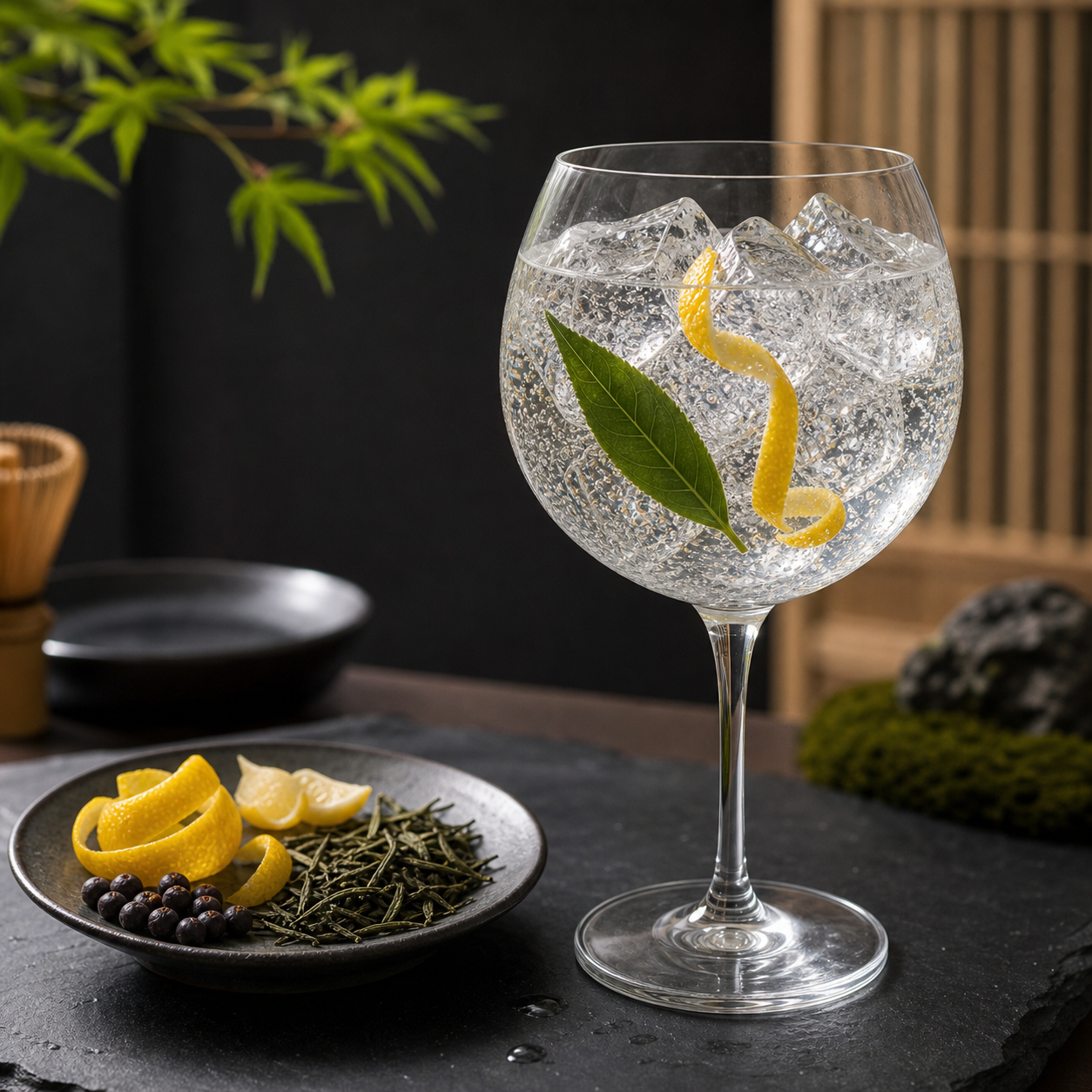 Ki No Tea Gin served with East Imperial Yuzu Tonic, garnished with Thin strip of yuzu peel, twisted and Fresh green tea leaf