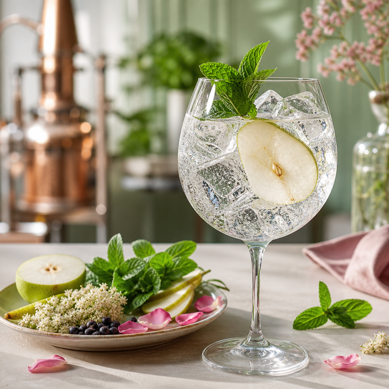Archie Rose Distiller's Strength Gin served with Fever-Tree Elderflower Tonic Water, garnished with thin slice of fresh pear and lightly bruised mint sprig