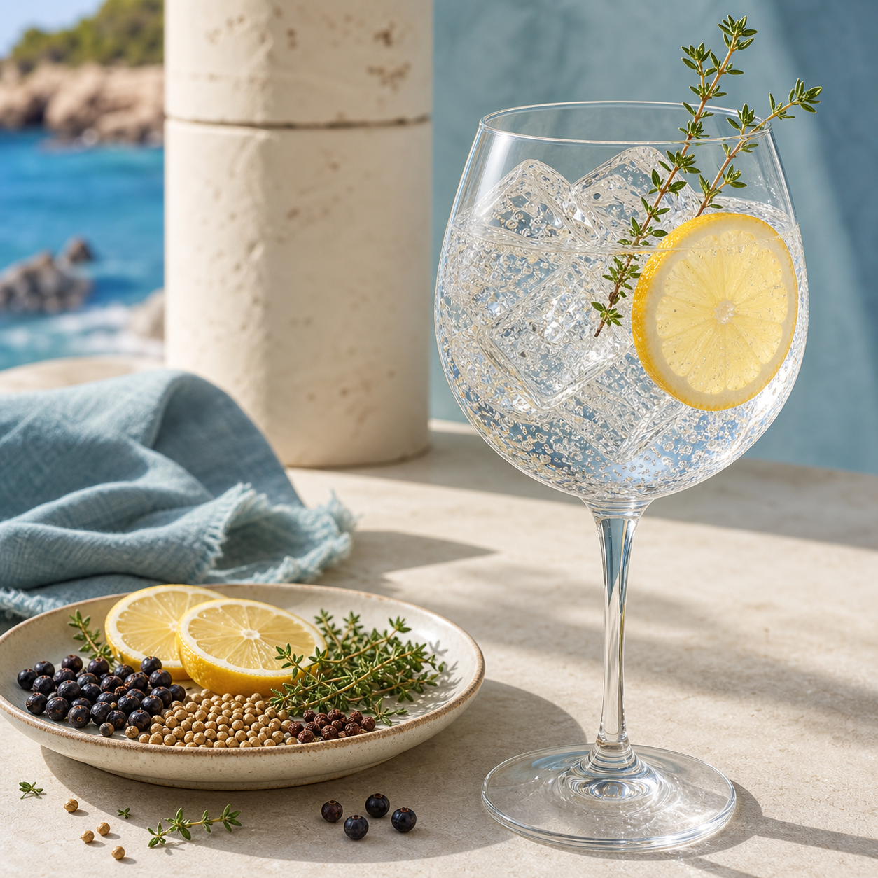 Never Never Triple Juniper Gin served with Strangelove Coastal Tonic Water, garnished with Fresh lemon wheel and Sprig of lemon thyme