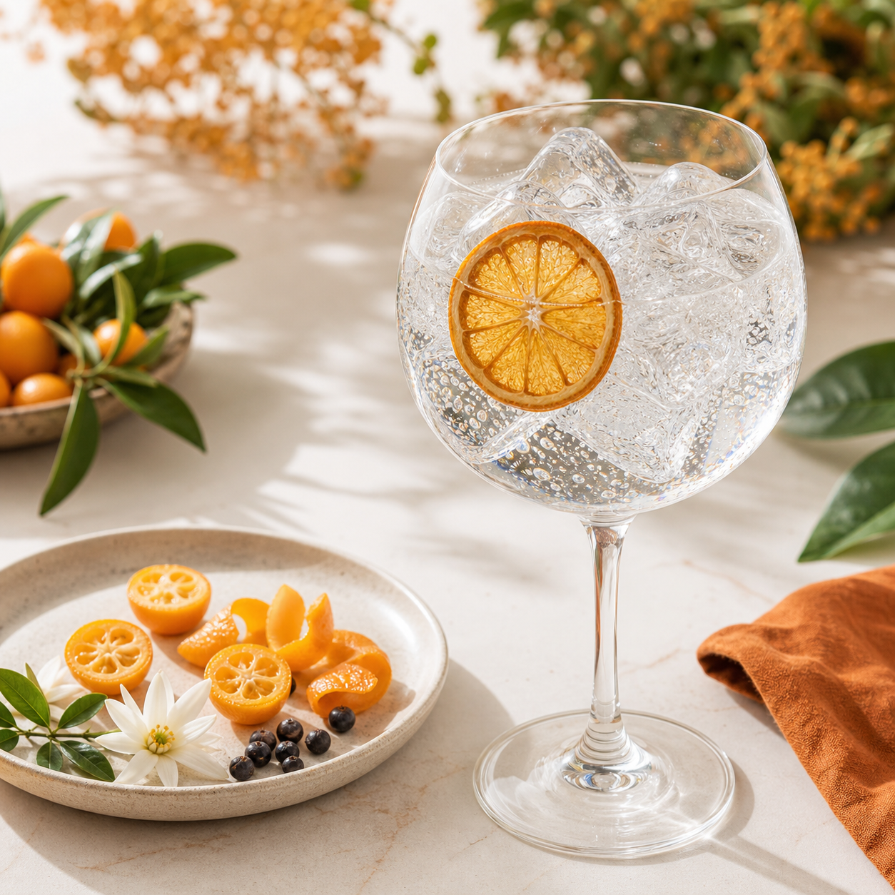 Brookie’s Shirl The Pearl Cumquat Gin served with Fever-Tree Mediterranean Tonic Water, garnished with dehydrated cumquat wheel