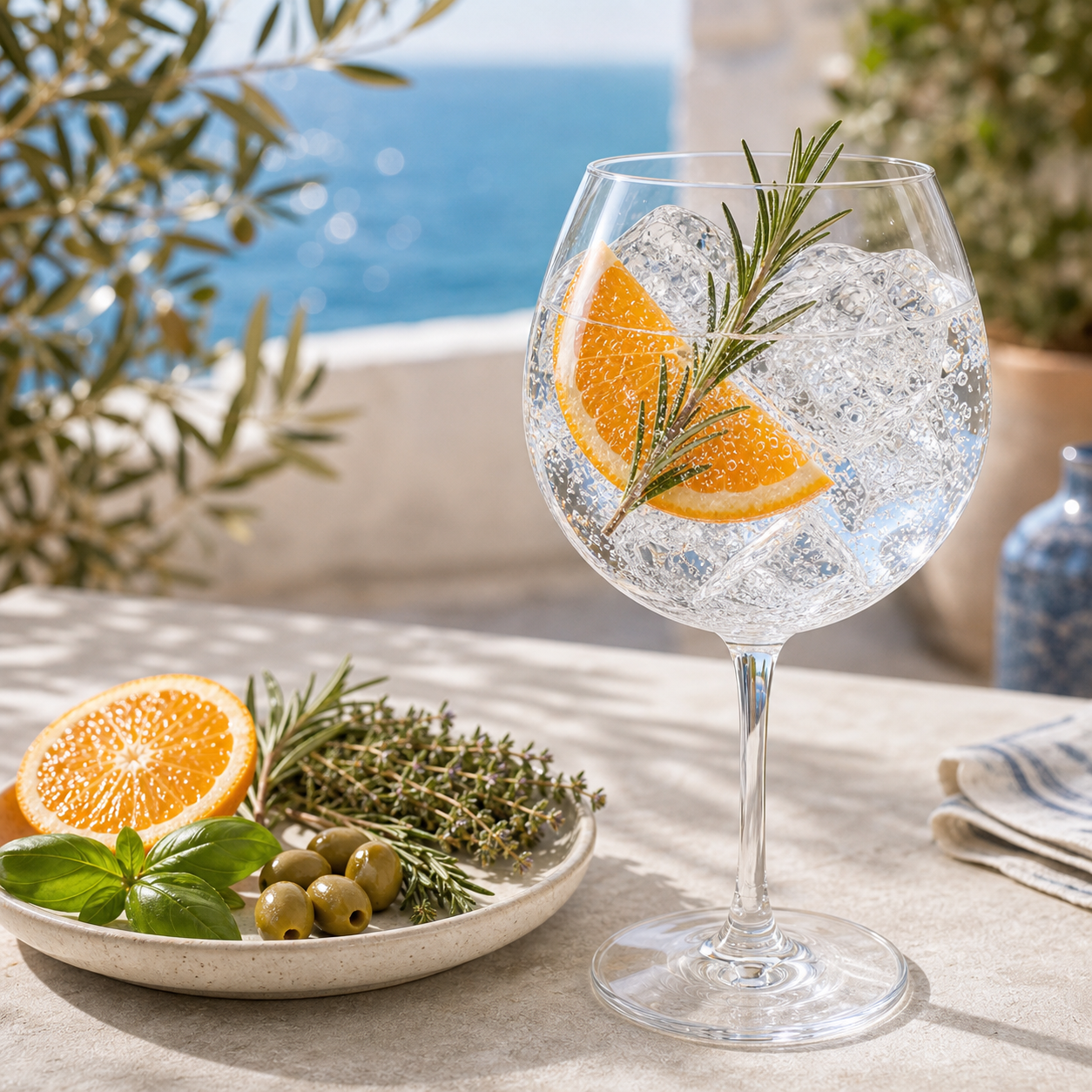 Gin Mare Mediterranean Gin served with Fever-Tree Mediterranean Tonic Water, garnished with Fresh rosemary sprig and Thin orange slice