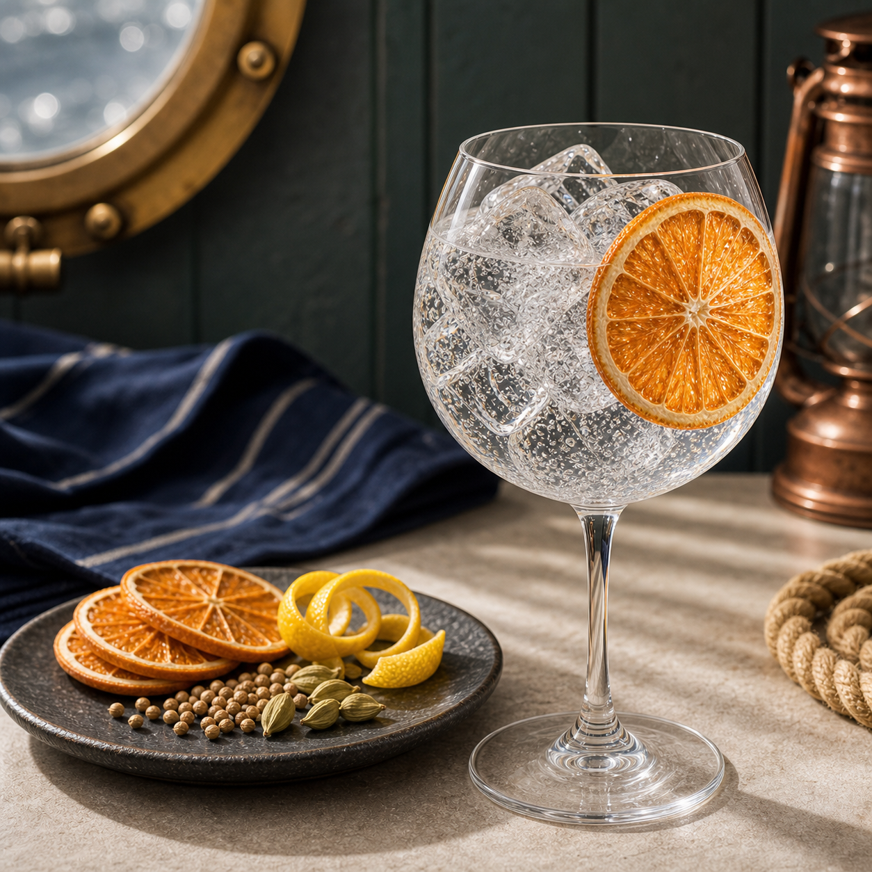 Plymouth Navy Strength served with Thomas Henry Tonic Water, garnished with dehydrated orange wheel