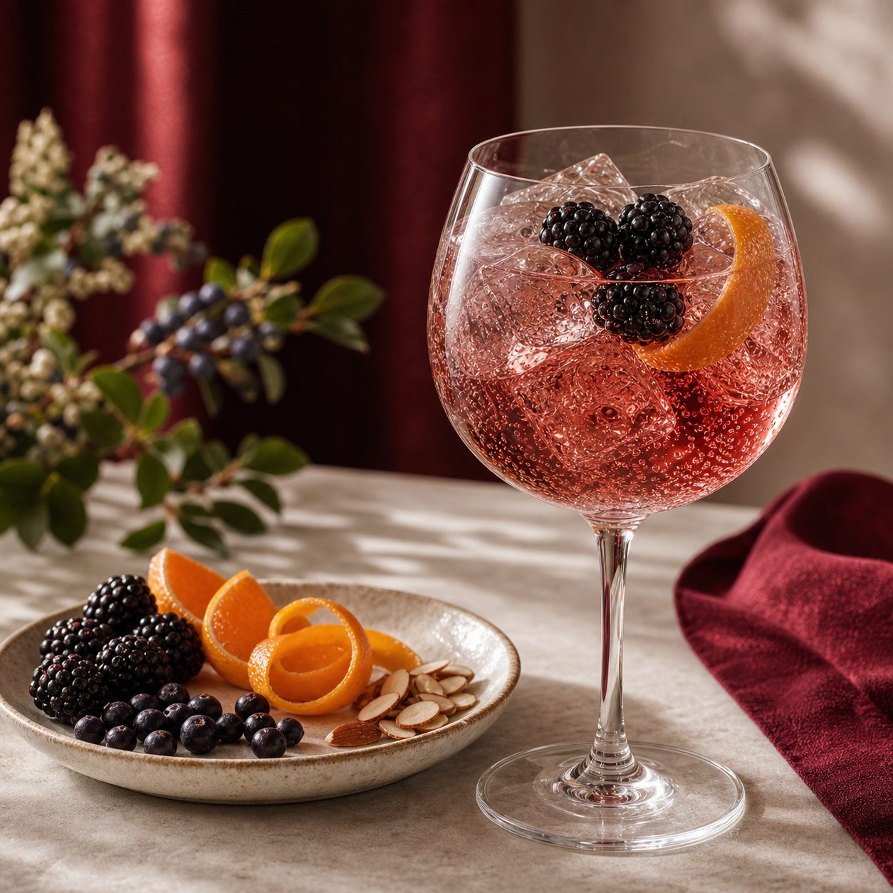 Hayman's Sloe Gin served with Hysope Elderflower Tonic Water, garnished with Fresh blackberries