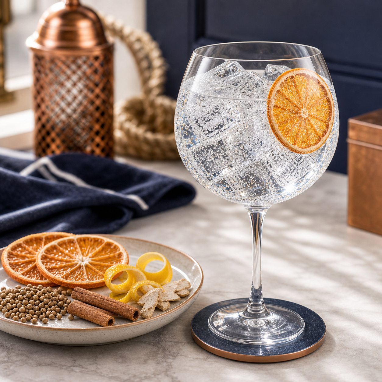 Hayman's Royal Dock Gin served with East Imperial Burma Tonic Water, garnished with thin slice of dehydrated orange