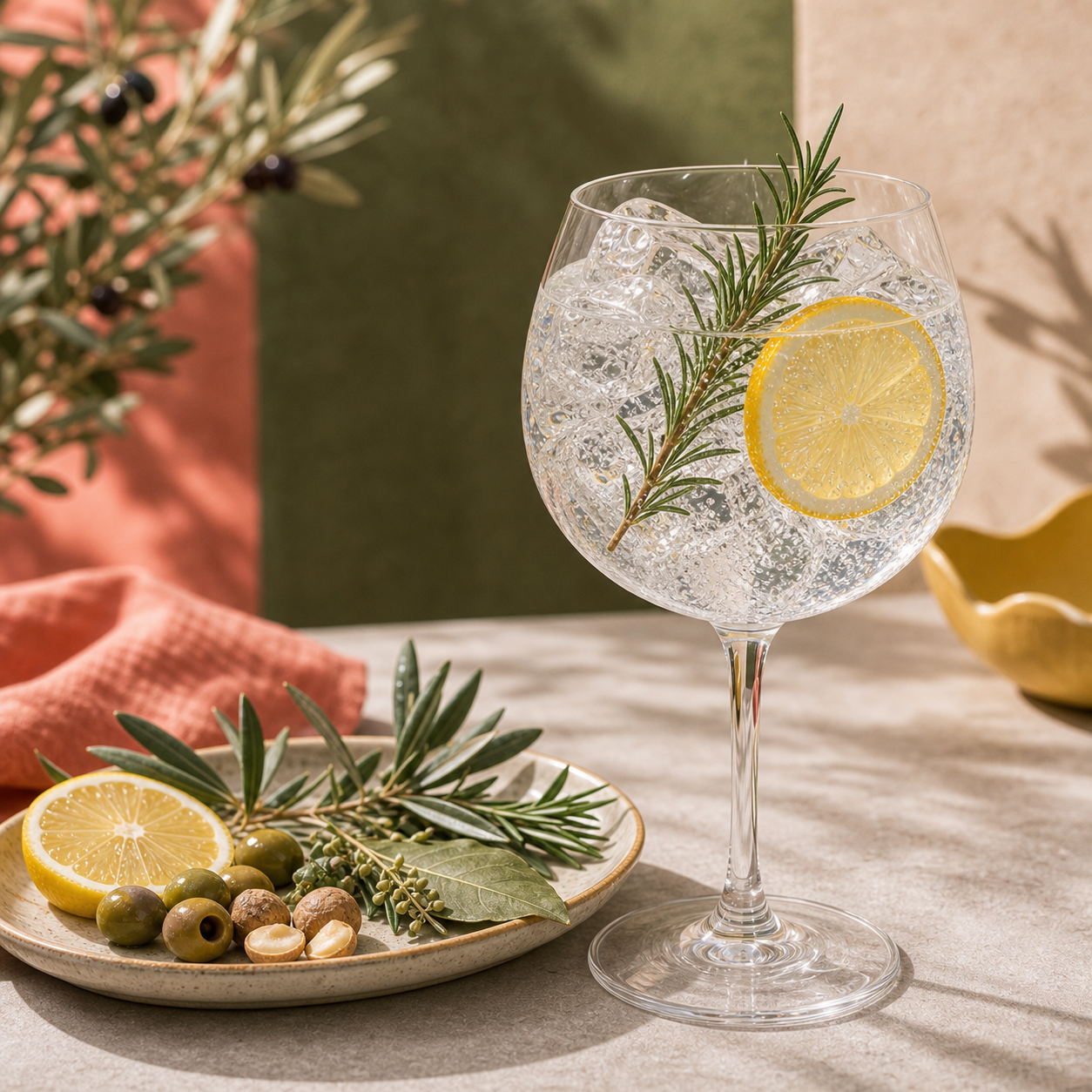 Four Pillars Olive Leaf Gin served with Le Tribute Tonic Water, garnished with Sprig of rosemary and Thin slice of lemon