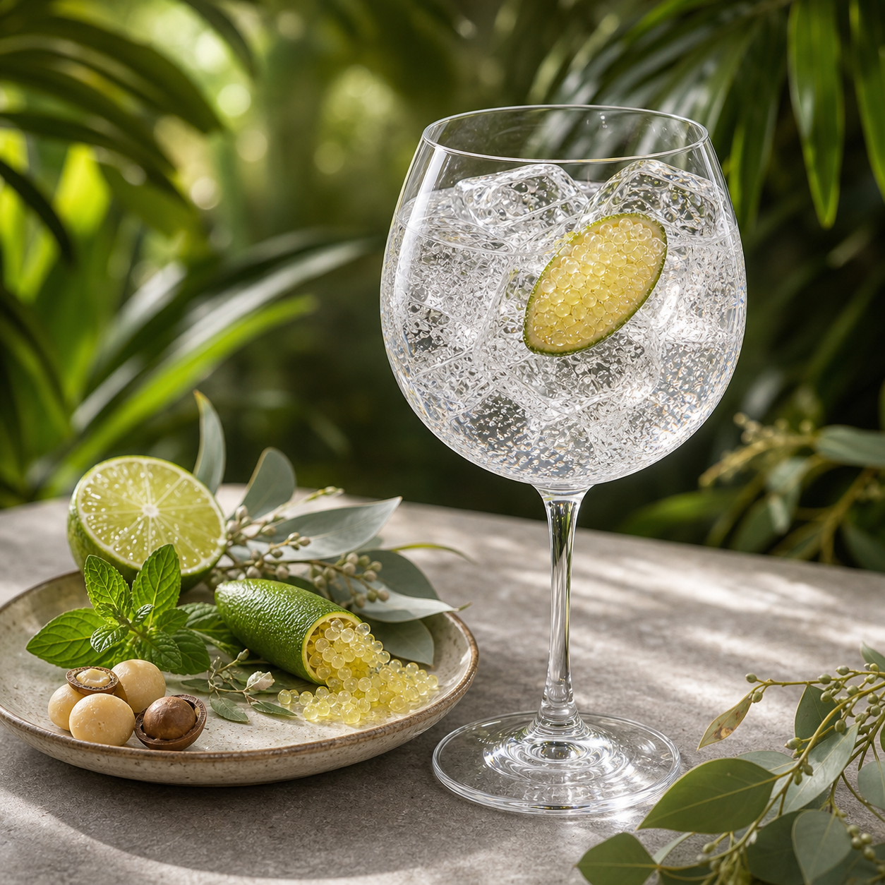Brookie's Byron Dry Gin served with Fever-Tree Indian Tonic Water, garnished with Thin slice of fresh finger lime