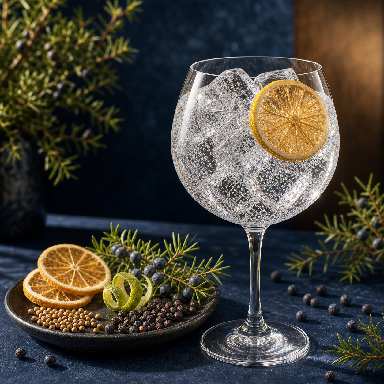 Never Never Triple Juniper Export Strength served with Fever-Tree Mediterranean Tonic Water, garnished with dehydrated lemon wheel