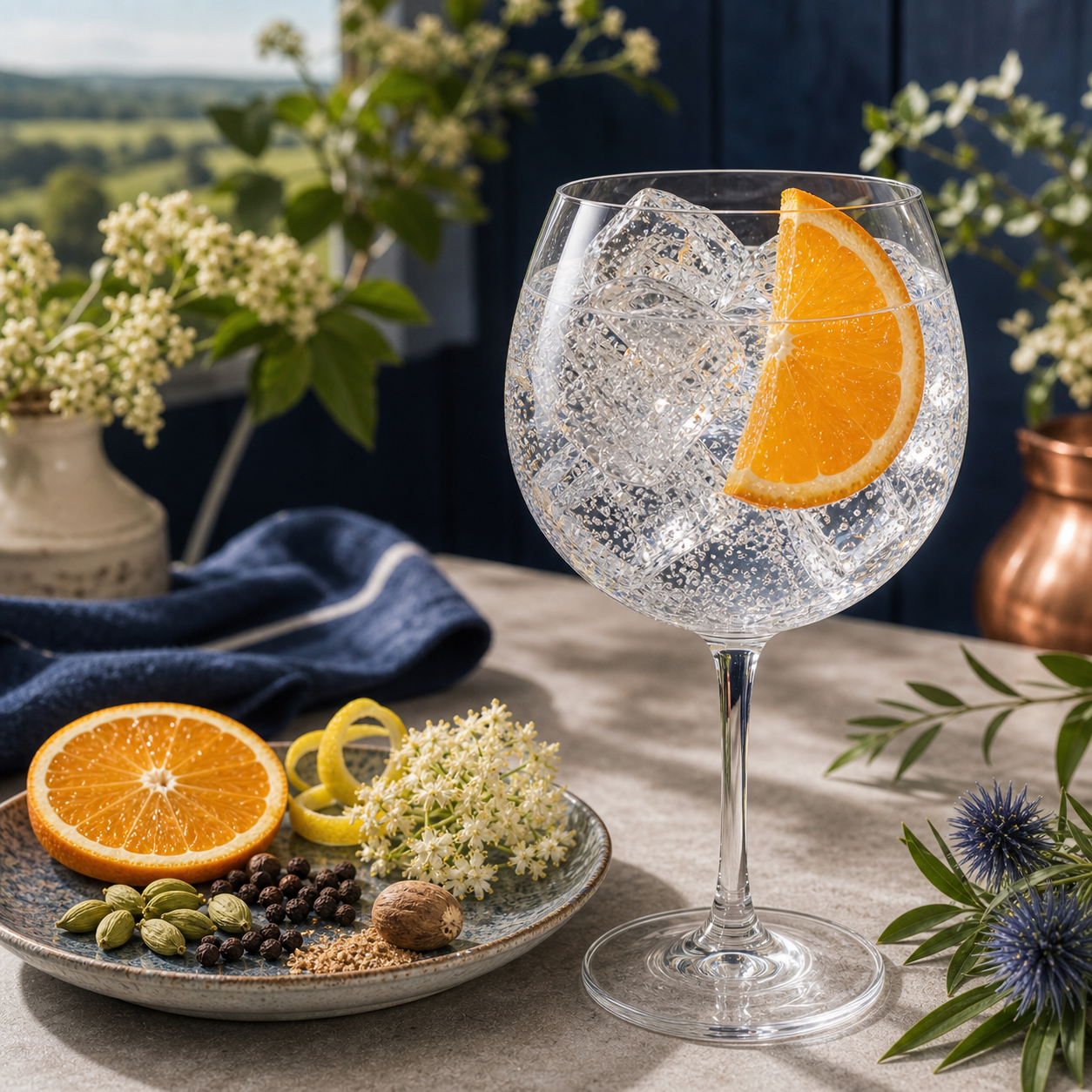 Warner's Harrington Dry Gin served with Fever-Tree Indian Tonic Water, garnished with fresh orange slice