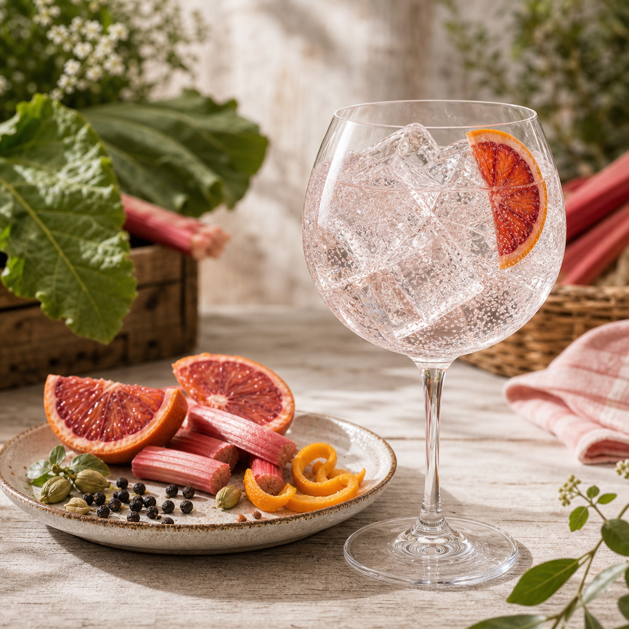 Warner's Rhubarb Gin served with Fever-Tree Mediterranean Tonic Water, garnished with thin slice of blood orange