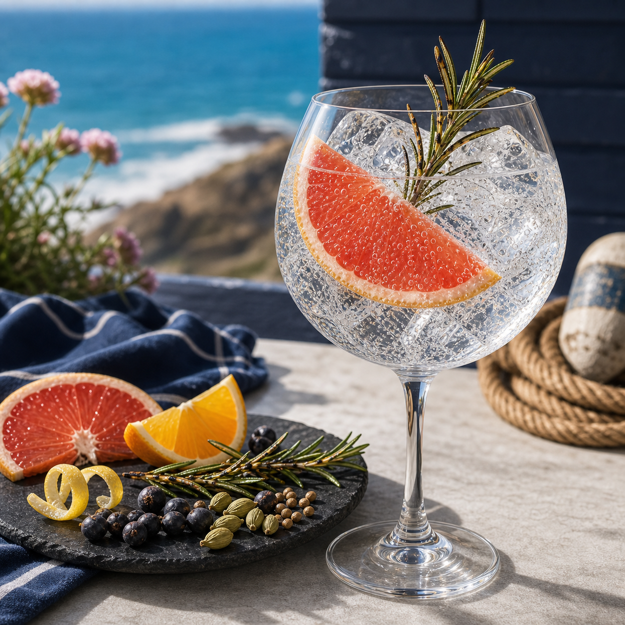 Tarquin's The Seadog Navy Strength Gin served with Fever-Tree Mediterranean Tonic Water, garnished with Fresh grapefruit slice and Lightly singed rosemary sprig