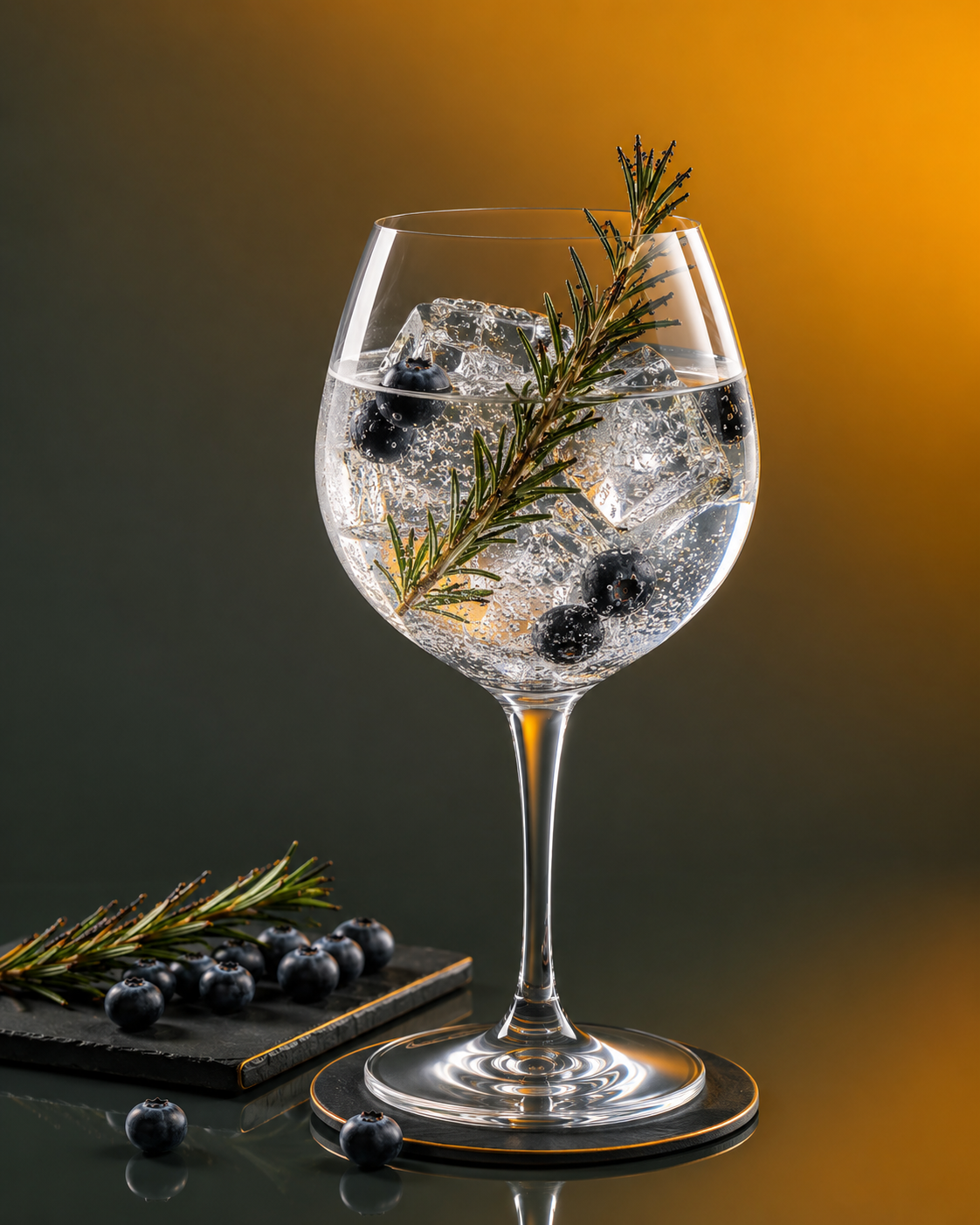 Squirus Gin 'Vulgaris' served with Thomas Henry Tonic Water, garnished with Lightly singed fresh rosemary sprig and Fresh bilberries