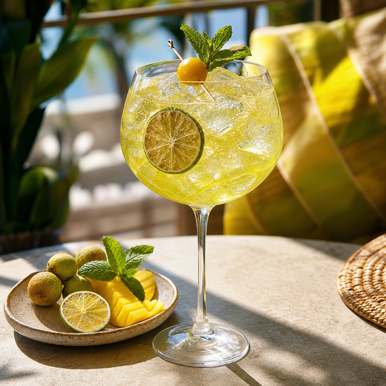 Amuerte Summer Edition 2025 servi avec Le Tribute Tonic Water, agrémenté de thin slice of fresh mango