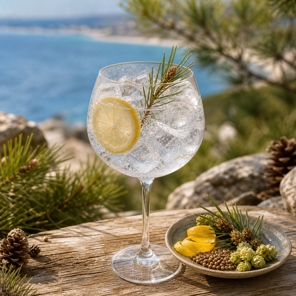 Terpene Gin Secret Spot servi avec East Imperial Burma Tonic Water, agrémenté de lightly singed rosemary sprig