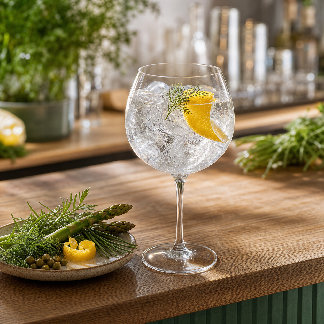 Asparagin servi avec Fever-Tree Mediterranean Tonic Water, agrémenté de lightly blanched asparagus spear et fresh dill sprig