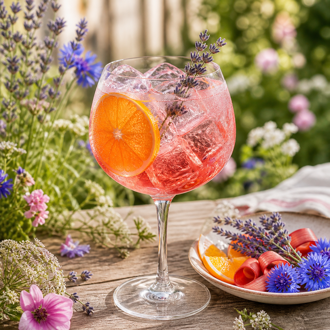 Cotswolds Wildflower Gin No 1 servi avec Fever-Tree Elderflower Tonic Water, agrémenté de Thin slice of fresh orange et Lightly bruised lavender sprig