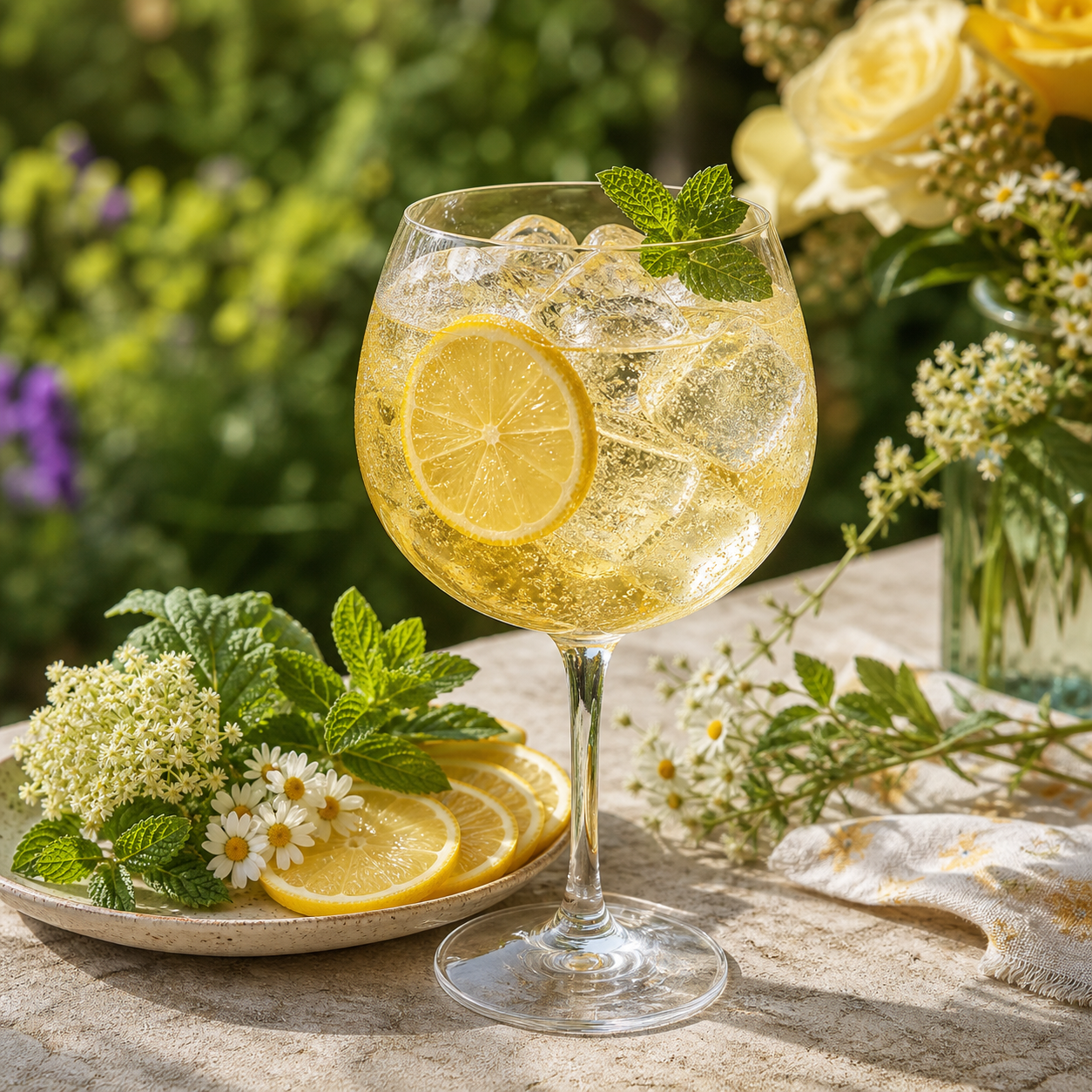 Cotswolds Wildflower Gin No 2 servi avec Fever-Tree Elderflower Tonic Water, agrémenté de dehydrated lemon wheel