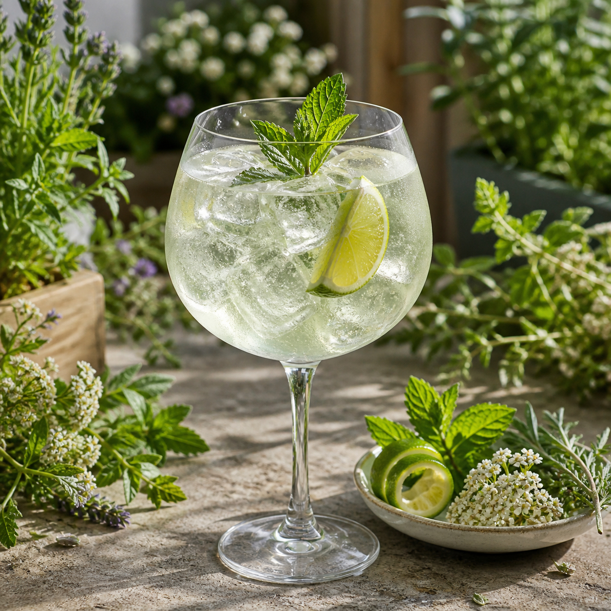 Cotswolds Wildflower Gin No 3 servi avec Fever-Tree Elderflower Tonic Water, agrémenté de Fresh mint sprig, lightly bruised et Thin slice of lime