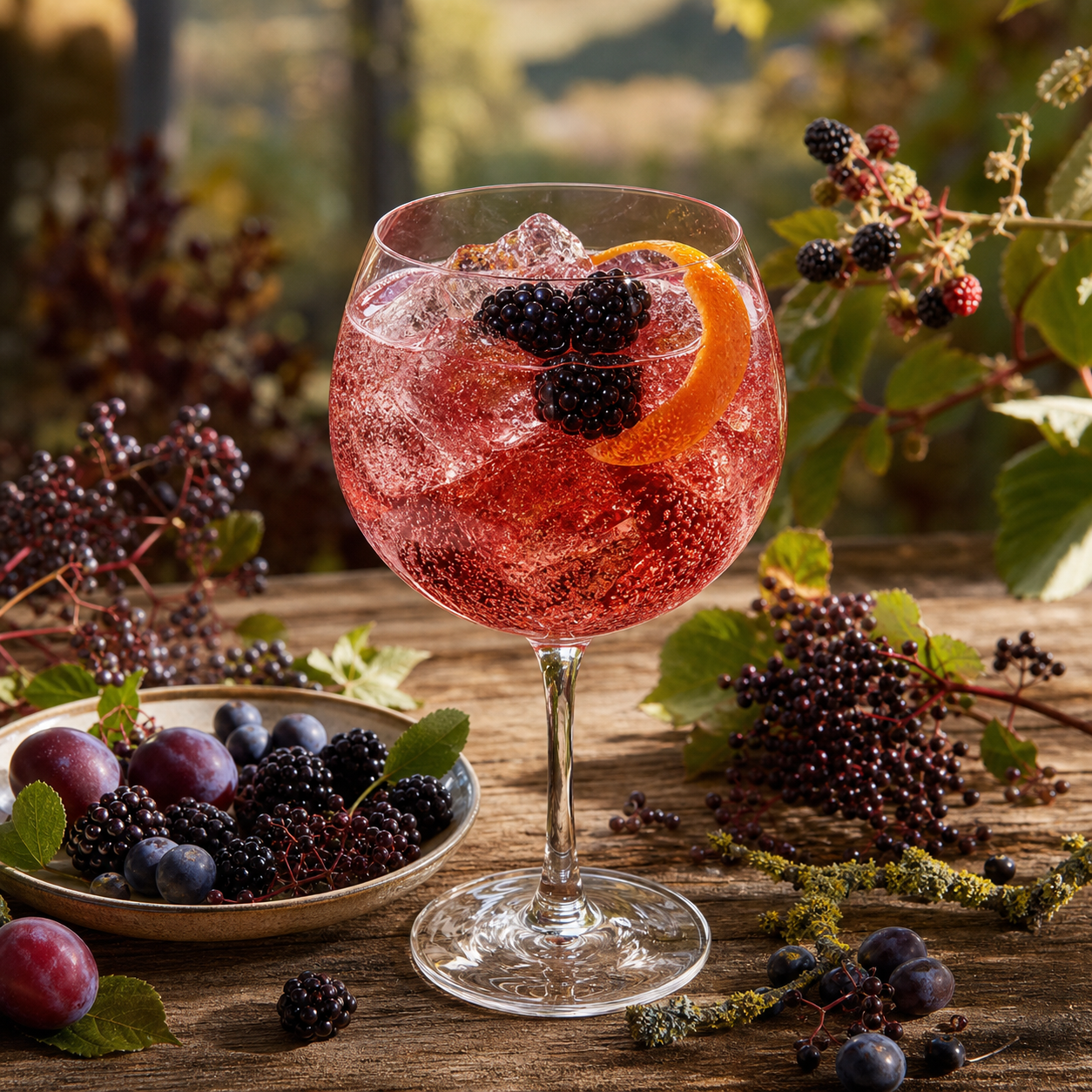 Cotswolds Hedgerow Gin served with Fever-Tree Elderflower Tonic Water, garnished with fresh blackberry and sprig of elderflower