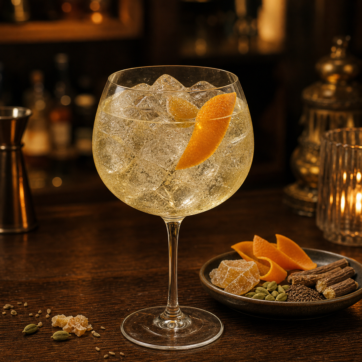 Cotswolds Old Tom Gin served with Fentimans Valencian Orange Tonic Water, garnished with thin slice of fresh orange