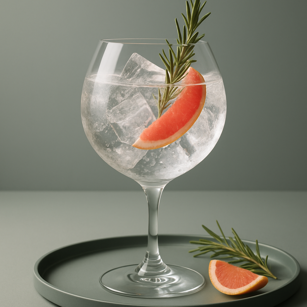 Gin Parcelle served with East Imperial Yuzu Tonic, garnished with Pink Grapefruit Twist and Fresh Rosemary Sprig