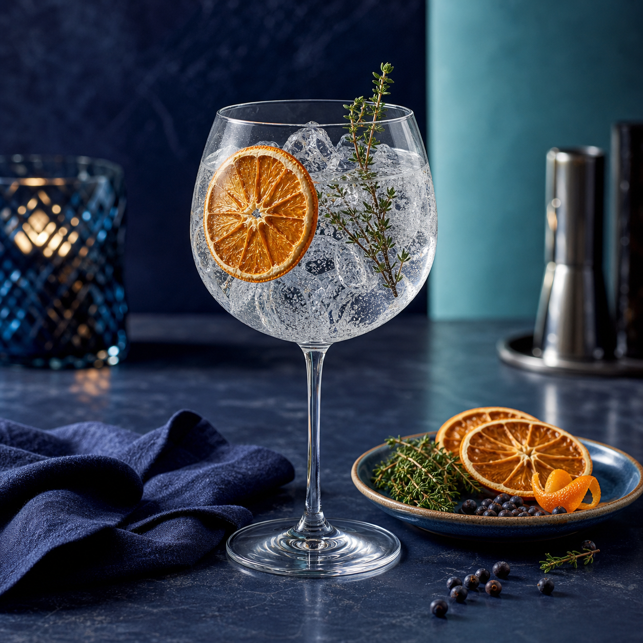 Whitley Neill Navy Strength London Dry Gin servi avec Fentimans Connoisseurs Tonic Water, agrémenté de Dehydrated orange wheel et Lightly singed thyme sprig