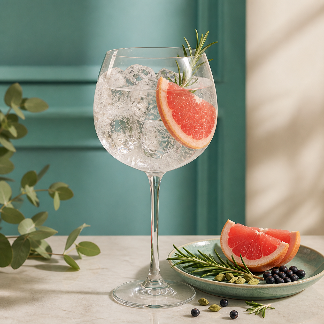 Berry Bros. & Rudd No. 3 London Dry Gin served with East Imperial Old World Tonic Water, garnished with Pink grapefruit slice and Rosemary sprig
