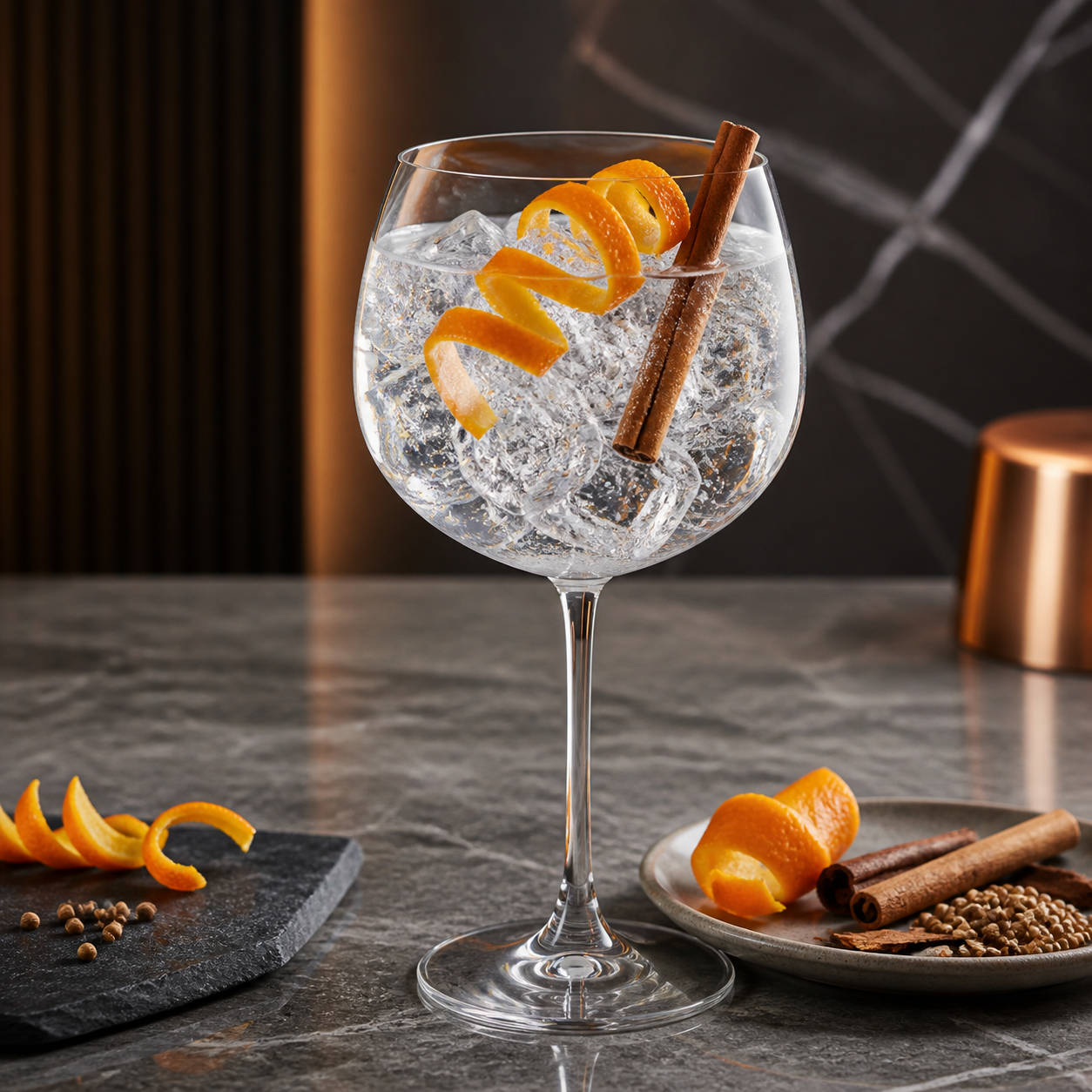The Store Gin served with East Imperial Burma Tonic Water, garnished with Orange peel twist and Small cinnamon stick