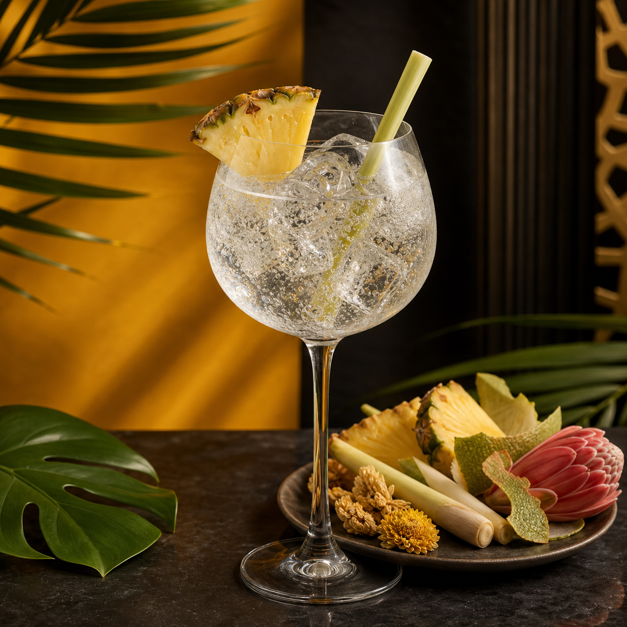 Brass Lion Singapore Dry Gin served with Fever-Tree Indian Tonic Water, garnished with Fresh pineapple slice and Lemongrass stem
