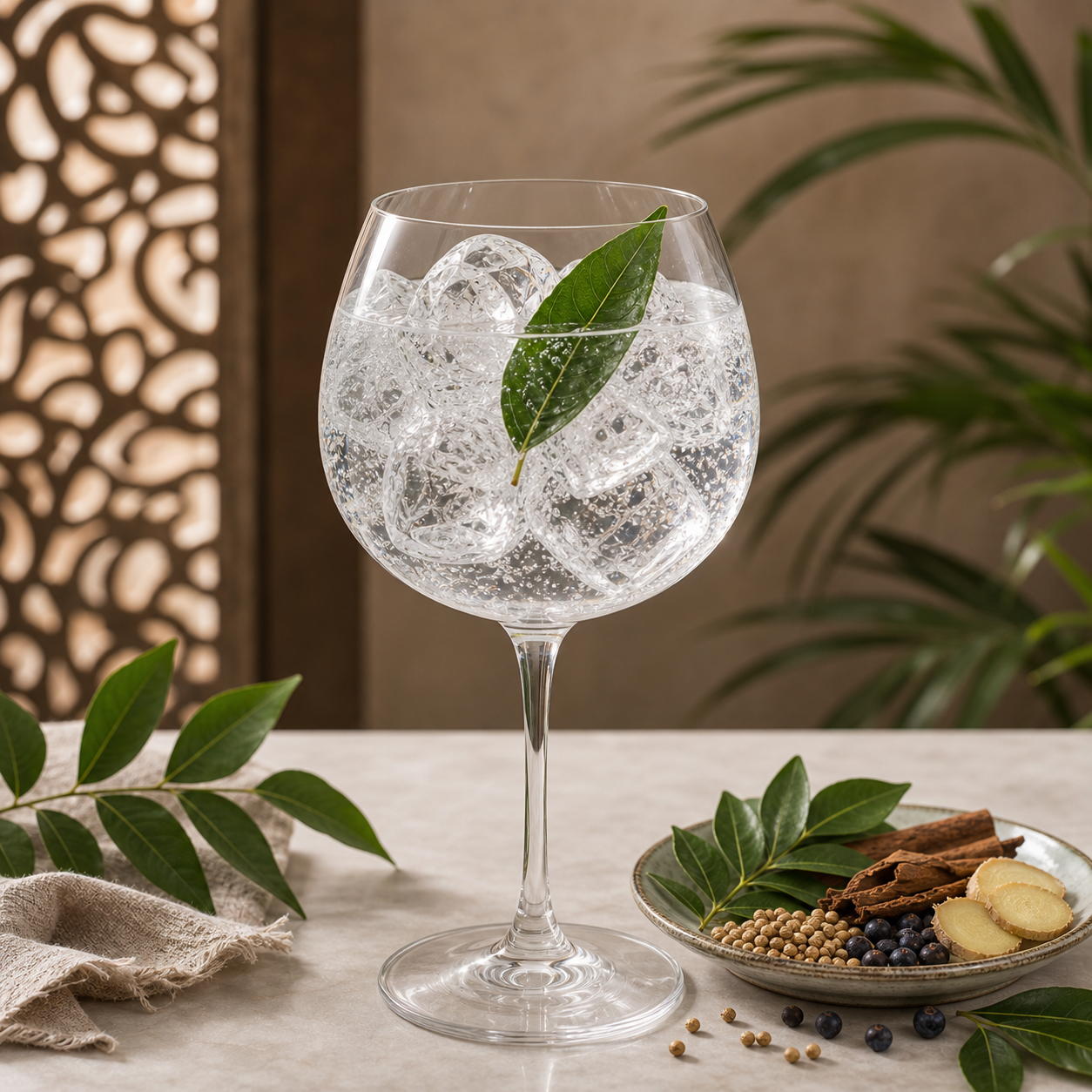 Colombo No.7 Gin served with Fentimans Premium Indian Tonic Water, garnished with Fresh curry leaf