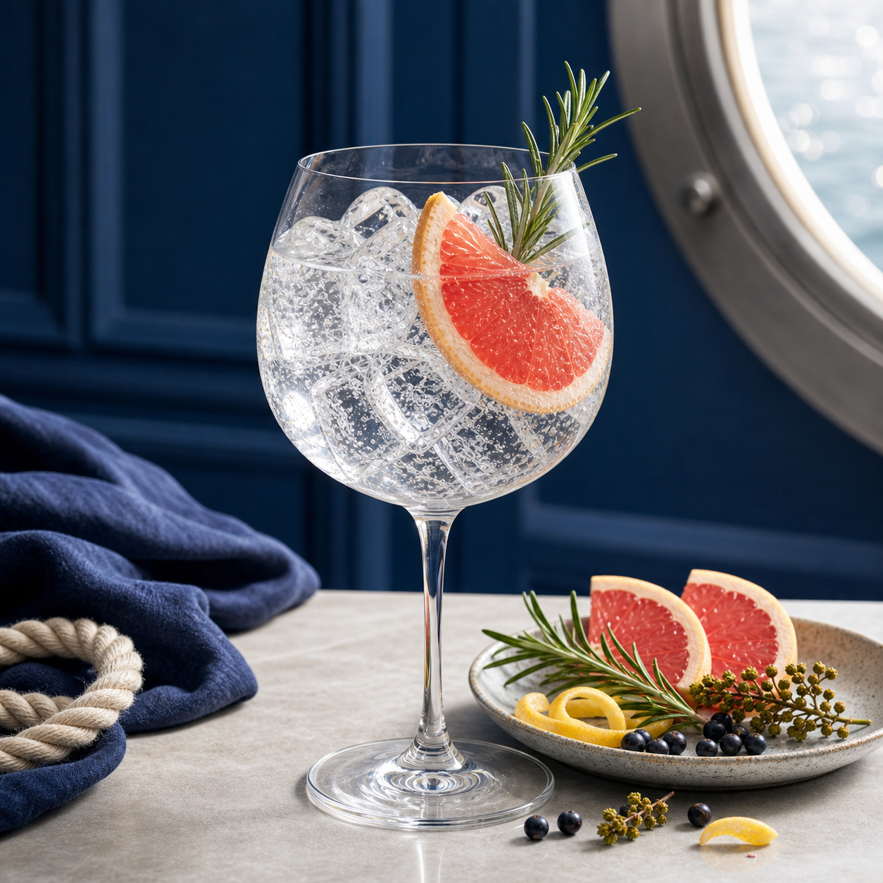 Boatyard Double Gin served with London Essence Grapefruit & Rosemary Tonic Water, garnished with Fresh grapefruit slice and Rosemary sprig