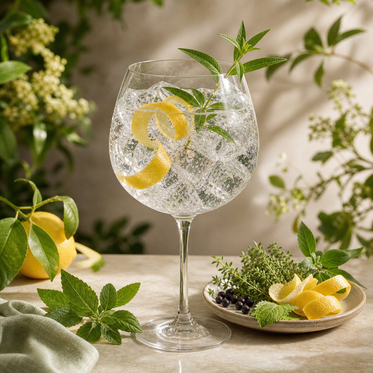 Secret Garden Lemon Verbena Gin served with The London Essence Company Original Indian Tonic Water, garnished with Lemon peel ribbon and Fresh lemon verbena sprig