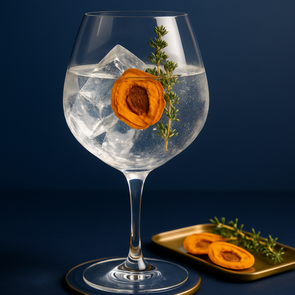 Gin de Terroir – Meunier served with East Imperial Burma Tonic Water, garnished with Fresh Thyme and Dried Mountain Apricot Slice