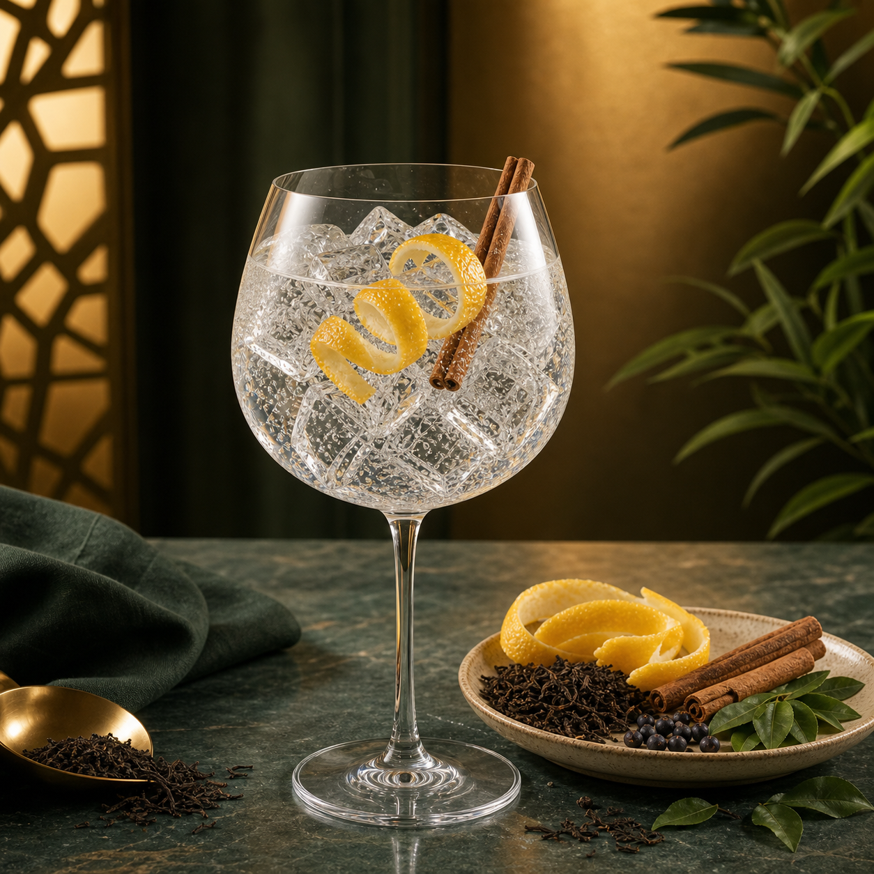 Colombo No.9 Earl Grey Gin served with East Imperial Burma Tonic Water, garnished with Lemon peel twist and Small cinnamon stick