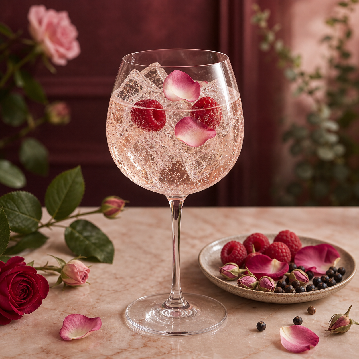 Secret Garden Apothecary Rose Gin served with Fever-Tree Elderflower Tonic Water, garnished with Fresh raspberries and Edible rose petals