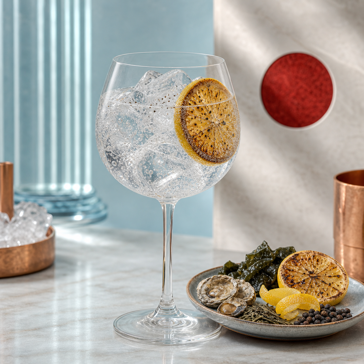 Procera Red Dot Gin served with East Imperial Burma Tonic Water, garnished with Lightly charred lemon wheel and Cracked black pepper