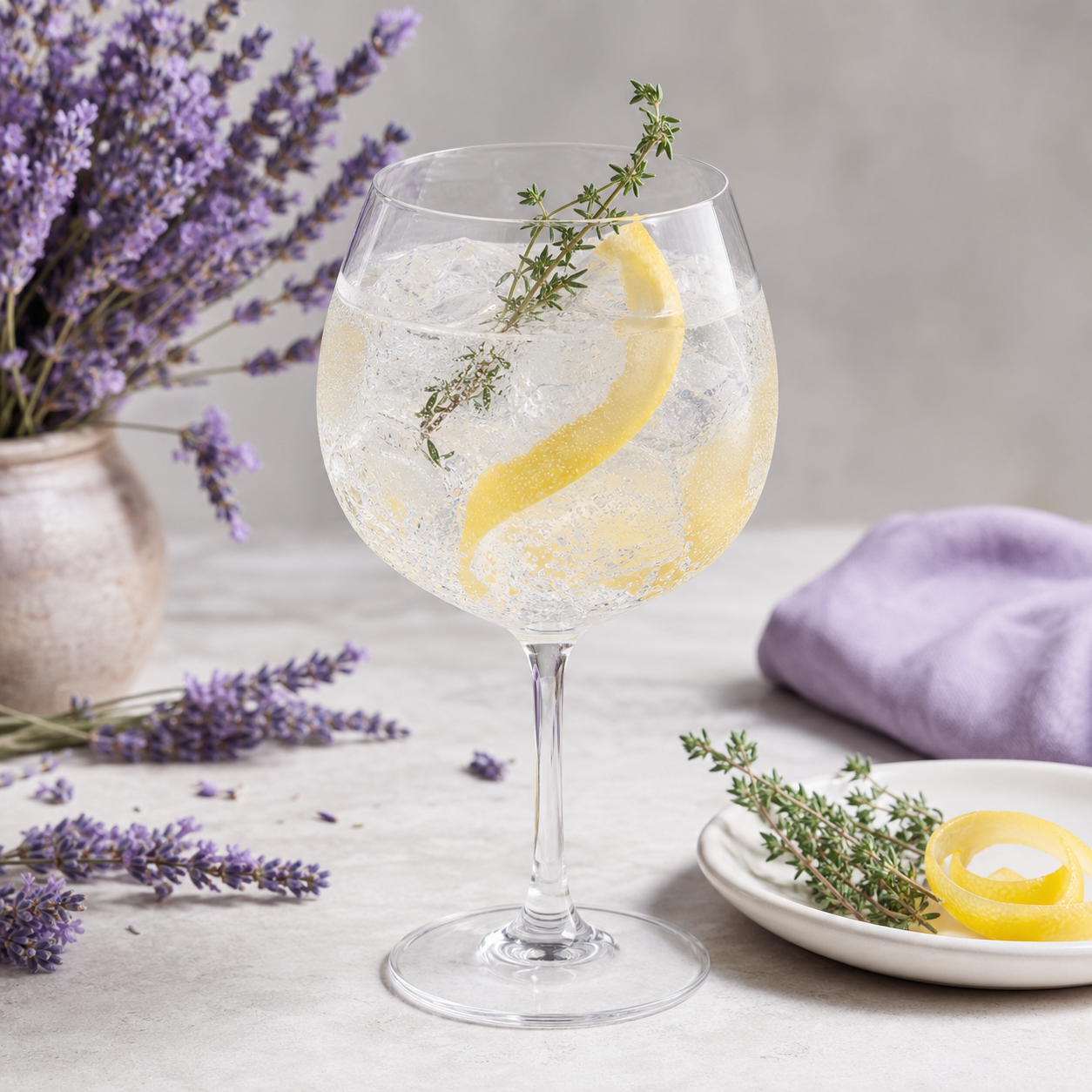 Gin Cigale served with Fever-Tree Mediterranean Tonic Water, garnished with fresh thyme sprig and thin lemon peel