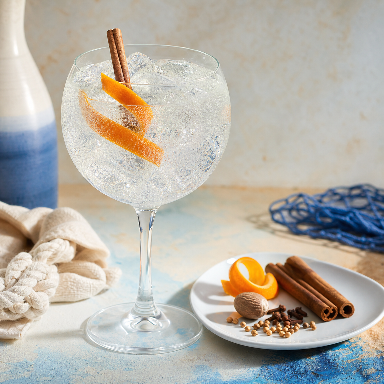 Gin Kanol served with Fever-Tree Indian Tonic Water, garnished with orange peel twist and small cinnamon stick