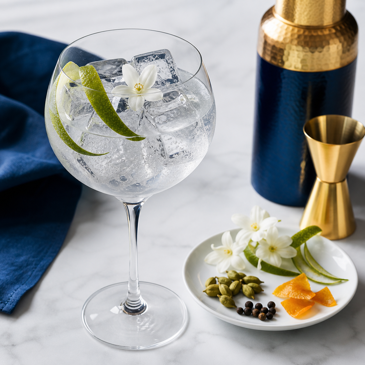 Hexagone Gin served with Le Tribute Tonic Water, garnished with kaffir lime peel and small jasmine flower