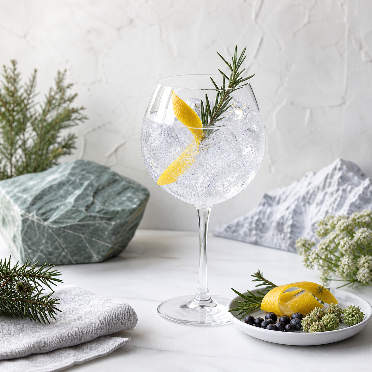Le Gin Coeur Intense served with Archibald French Tonic, garnished with thin lemon peel and small rosemary sprig