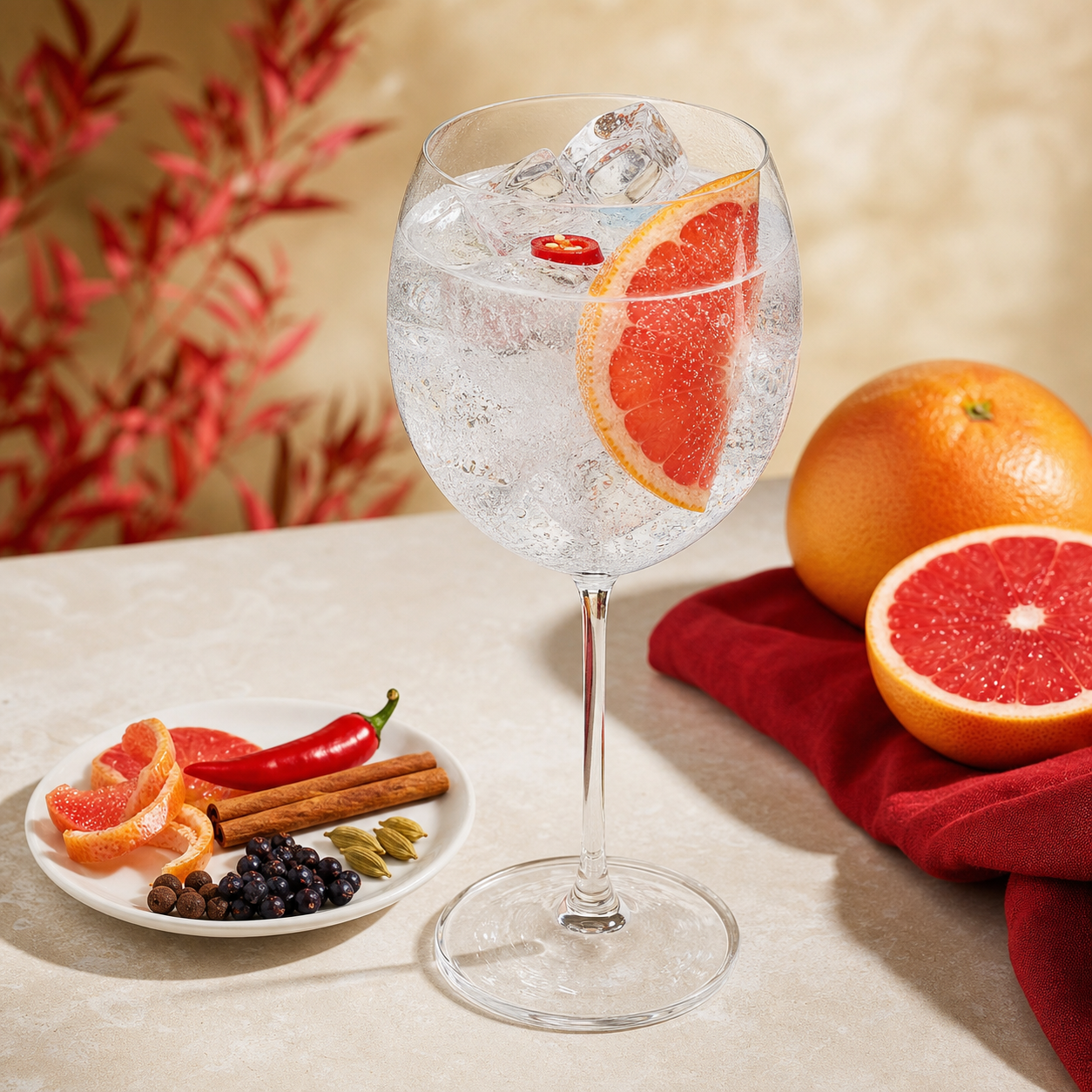Gin Matshi served with Fever-Tree Citrus Tonic Water, garnished with pink grapefruit wedge and tiny red chilli slice