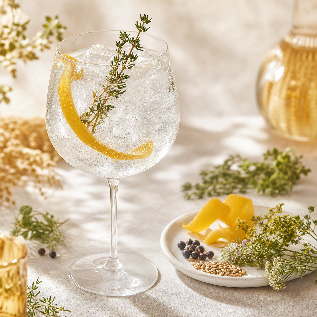 Juillet Nord Gin served with Archibald French Tonic, garnished with lemon peel twist and fresh thyme sprig