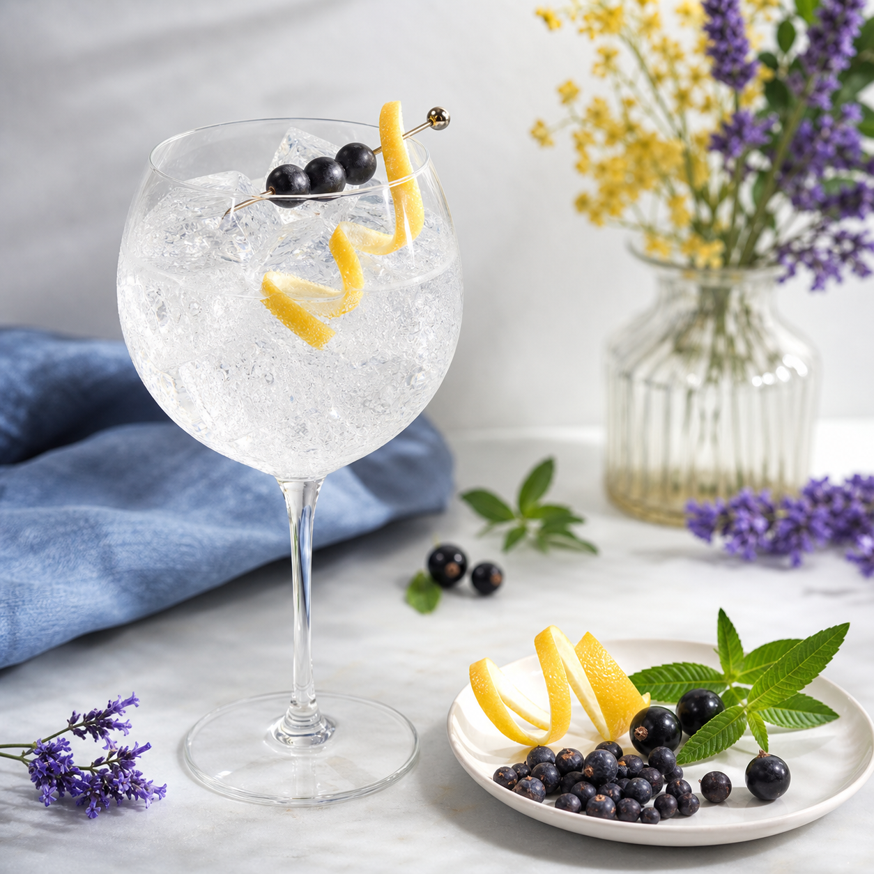 Epicureans Spirit Touch of a French Dream served with Fever-Tree Indian Tonic Water, garnished with Menton lemon peel and three fresh blackcurrants