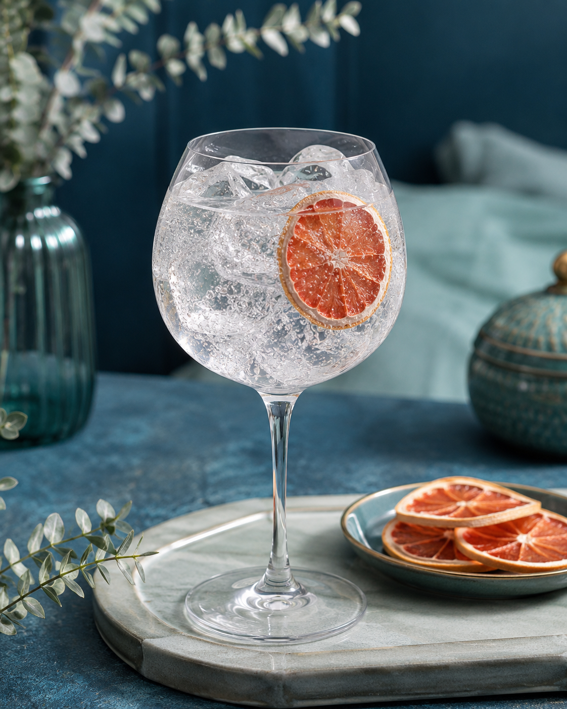 Isle of Harris Tidal Strength Gin served with East Imperial Yuzu Tonic, garnished with thin slice of dehydrated grapefruit
