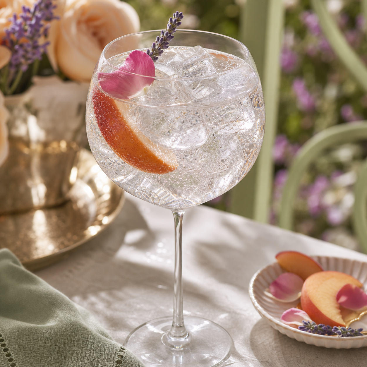 Silent Pool English Garden Expression Gin served with Fever-Tree Elderflower Tonic Water, garnished with peach slice and lavender