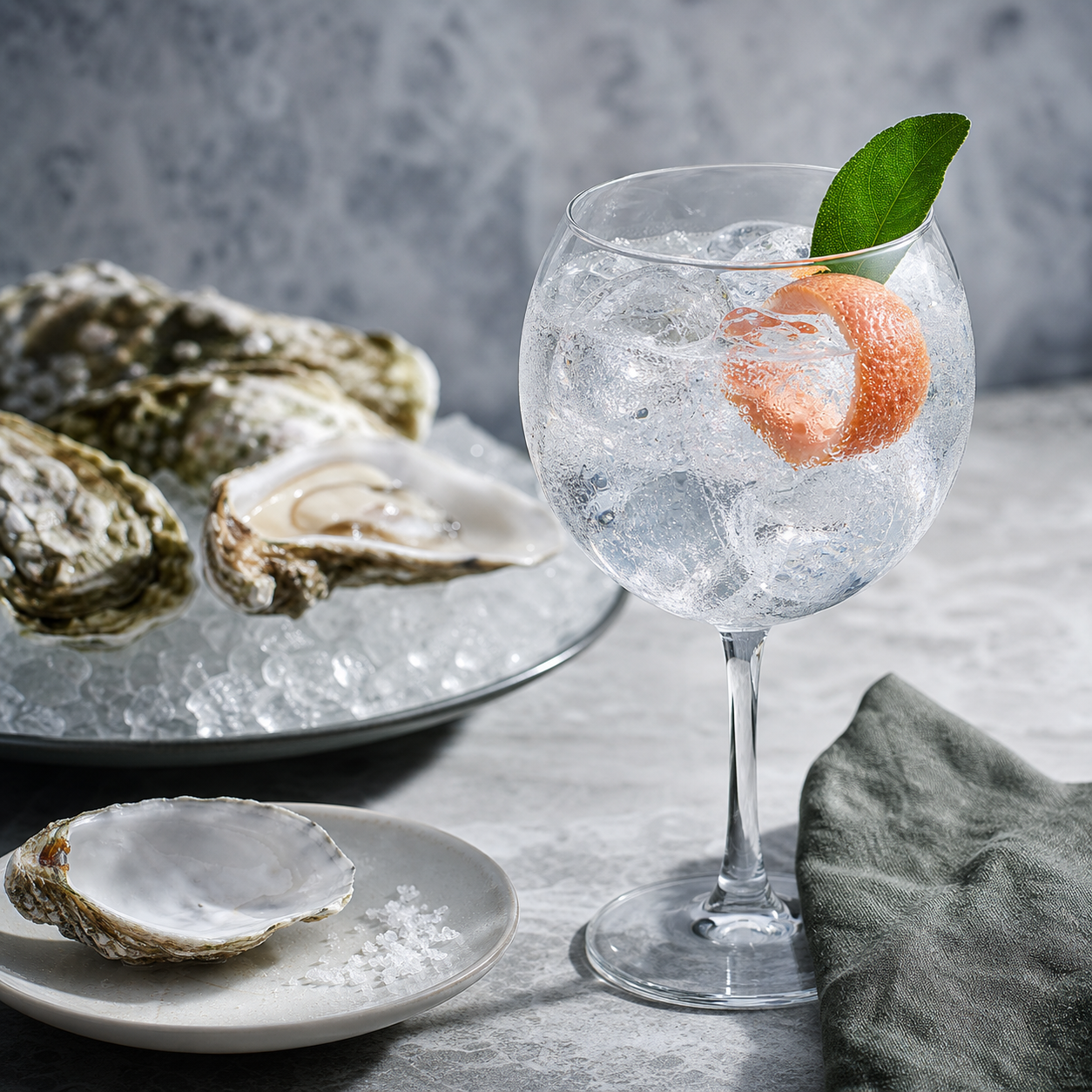 Oyster Shell Gin served with Fever-Tree Indian Tonic Water, garnished with lime leaf and grapefruit twist