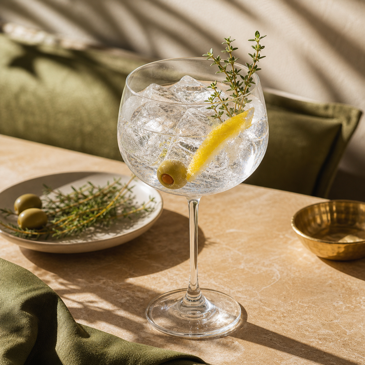 Med Gin served with Fever-Tree Mediterranean Tonic Water, garnished with Kalamata olive and lemon thyme
